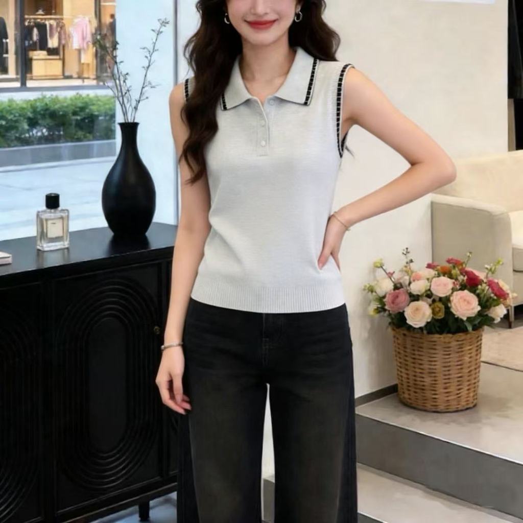 Áo len dệt kim cổ Polo phong cách nhẹ nhàng phong cách Hàn Quốc 2026 | Phụ nữ mặc ngoài mùa hè Tính khí Áo mỏng hơn Áo không tay, Thời trang phù hợp với phong cách mỏng thoáng khí thoải mái, đi lại hàng ngày Thanh lịch tinh tế