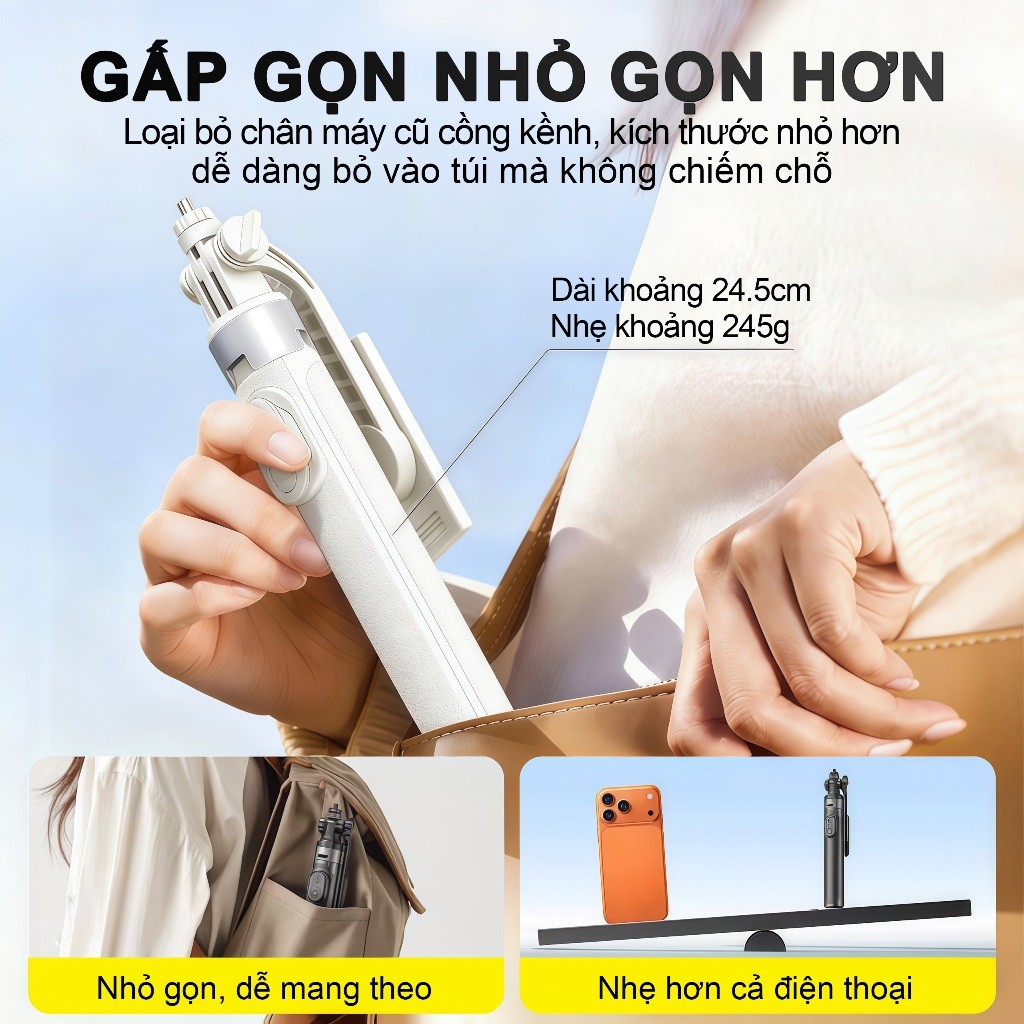 X2 MINI  – Gậy selfie kiêm chân tripod, Dài 1.3m có thể điều chỉnh, Xoay 360 độ, Điều khiển Bluetooth không dây,