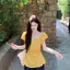 Áo sơ mi ngắn tay rỗng cổ vuông phong cách Pháp dành cho nữ Mùa hè Phong cách mới Phong cách nhẹ nhàng Slim-fit Slimmer Look xếp li sang trọng hàng đầu