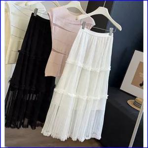 GN Nữ Bánh Hàn Quốc Váy Dài Ruffle Lưới Chắp Vá Eo Cao Mỏng Chữ A Xếp Ly Mùa Hè Váy Maxi NG