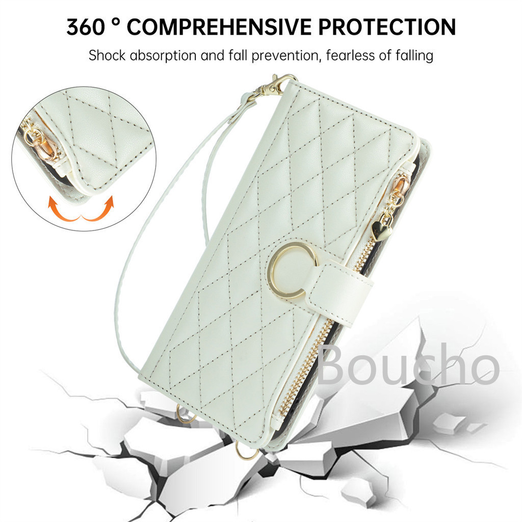 Dành Cho Realme 16 15T 15 14 Pro Plus 14X 14T 5G Thời Trang Khóa Vòng Dây Kéo Ví Da Vỏ Điện Thoại Có Khe Cắm Thẻ Dây Đeo Cổ Tay Lật
