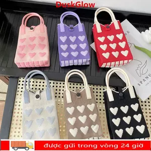 Túi xách dệt kim DUSKGLOW, Túi đeo tay thắt nút Mini tình yêu ngọt ngào, Túi điện thoại dệt kim dung lượng cao thủ công dành cho nữ