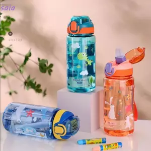 Chai Nước SAIA, Cốc Nước Trẻ Em Khủng Long Chống Rò Rỉ, Nhựa Di Động 600ml Có Ống Hút Silicon Sippy Cốc Mùa Hè