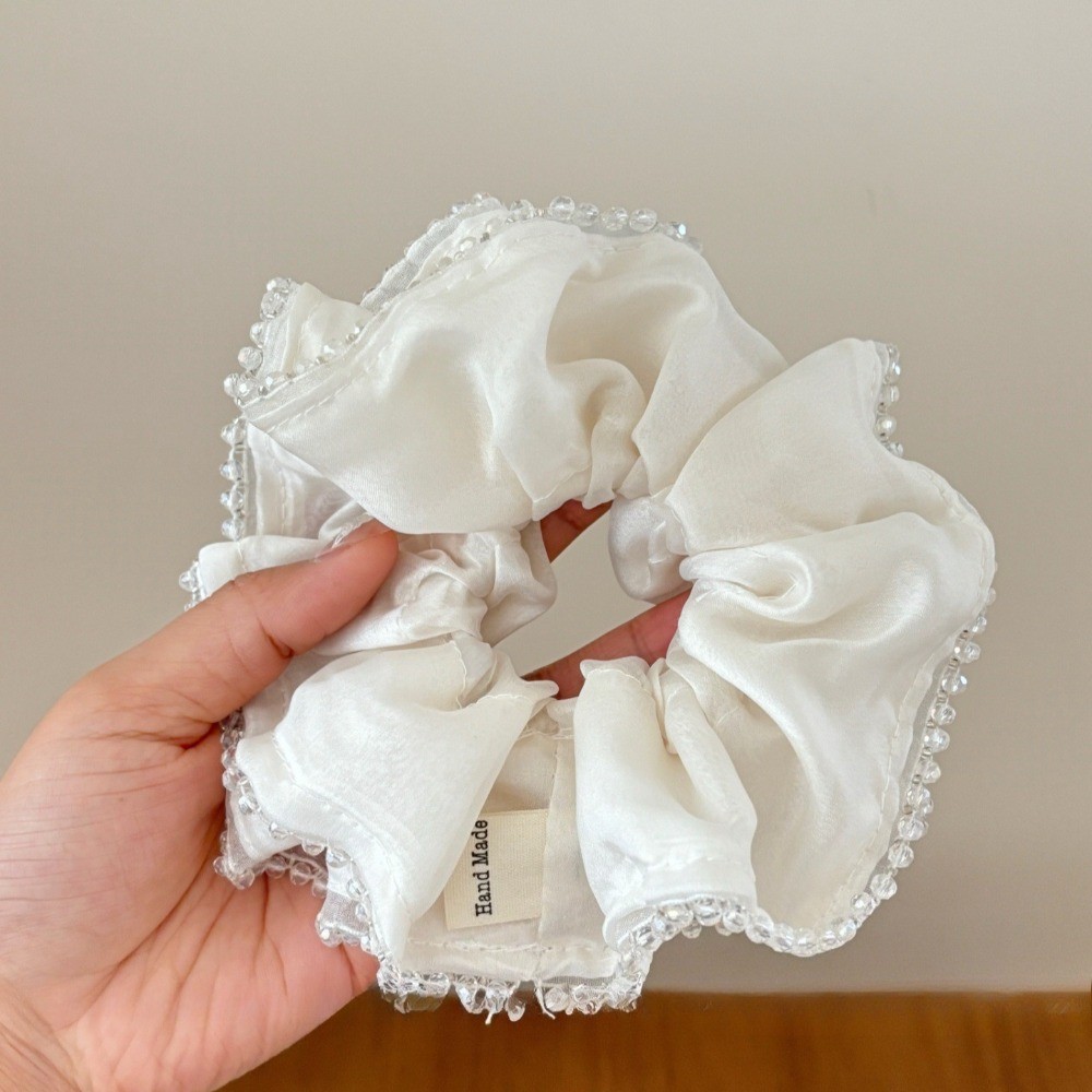 Hululu / {Soft Cream Satin} Crystal Seaming Dây buộc tóc ruột lớn Ngọc trai Satin Thời trang Nhẹ nhàng Con gái Phong cách bóng Dây cao su da đầu