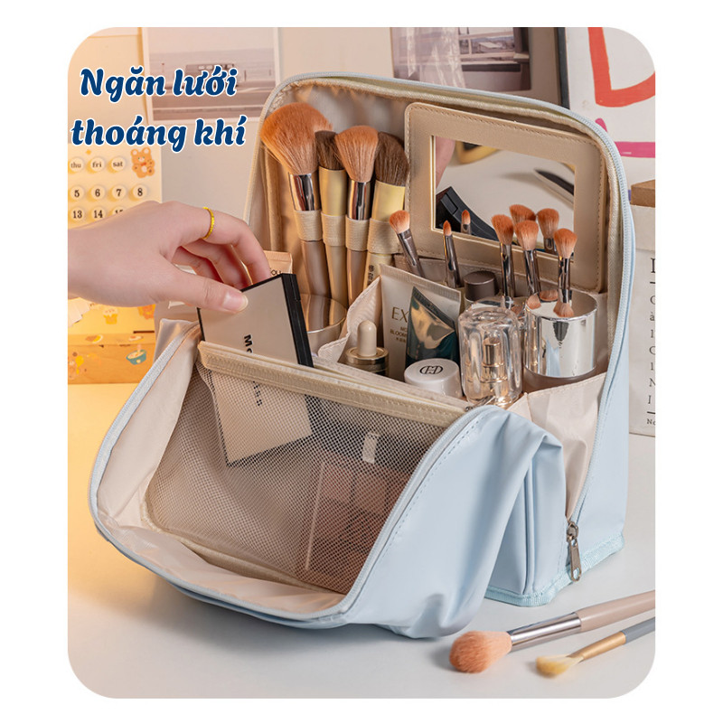 Túi Đựng Mỹ Phẩm Du Lịch HomeMate Kèm Gương Soi – Túi Makeup Da PU Chống Thấm, Nhiều Ngăn Có Quai Xách & Quai Cài Vali