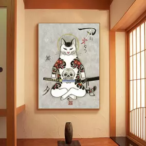 Mèo Samurai Phong Cách Nhật Bản Tranh Canvas Không Khung Chống Thấm Nước Treo Tường Nghệ Thuật Cho Nhà Hàng Nhật Bản Ramen Shop Trang Trí Nhà