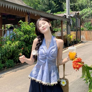 Áo camisole ngắn cổ V thanh lịch có hạt xoắn cho nữ nhỏ nhắn Mùa hè phong cách Hàn Quốc mới
