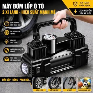 Bơm Lốp Ô Tô Mini 12V 150PSI, 2 Xi Lanh Mạnh, Tự Động, Có Đèn LED, Máy Bơm Điện Xe Hơi Đa Năng