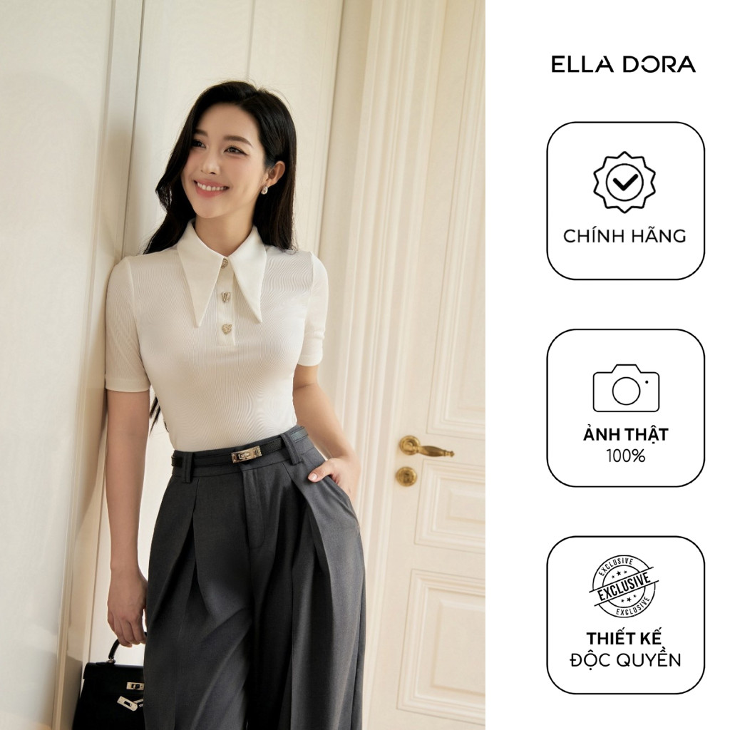 Áo thun nữ ELLA DORA cổ nhọn form ôm nẹp mở cúc thanh lịch sang trọng 3 màu ĐỎ/ĐEN/TRẮNG [AT74]