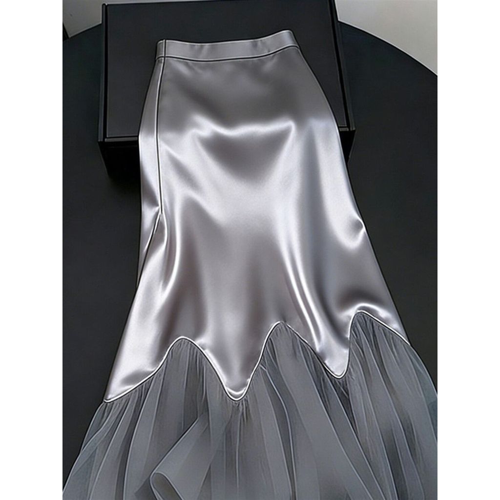 Váy Nửa Chiều Satin Xám, Thiết Kế Độc Đáo Phong Cách Phương Tây