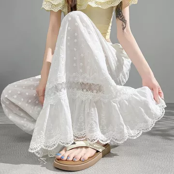 Cửa hàng hoa sen mưa, Quần rộng cỡ lớn, Quần miệng rộng, Quần thêu ren rỗng khâu quần ống rộng, eo cao mỏng hơn dáng rộng Quần ren lá sen Quần thường ngày