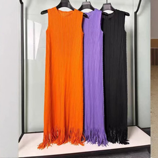 Miyake Viền Đầm Cao Cấp Tính Khí Rời Ôm Hơn Nhìn Cổ Tròn Không Tay Áo Vest Đầm Thường Ngày Phù Hợp Với