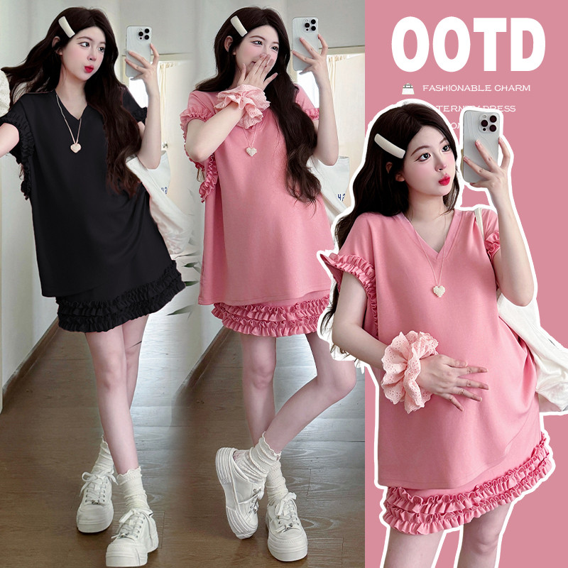 Bộ đồ bà bầu gồm váy vest ren mùa hè và bộ đồ hai mảnh ngắn tay