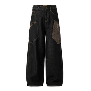 Quần Jean Nam Đen Patchwork Phối Vải Ống Rộng Cao Eo Vintage Thời Trang