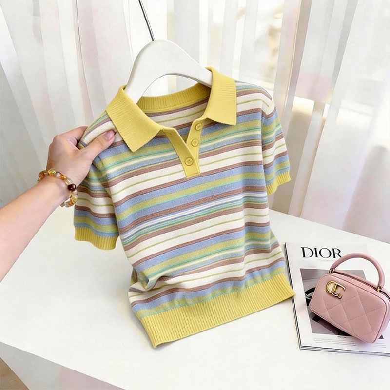 Mùa hè 2026 Phong cách mới · Áo sơ mi POLO đi lại đơn giản | Áo len sọc khóa màu Dopamine phong cách lười biếng độc quyền hơi béo MM | Phụ nữ mỏng tay ngắn thời trang giảm tuổi dáng ôm hơn mọi người-