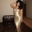 Cutenew Vàng Bodycon Đầm Maxi Gợi Cảm Đeo Vai Hình Eo Tuyệt Đẹp Vintage Nữ Mùa Hè Dự Tiệc