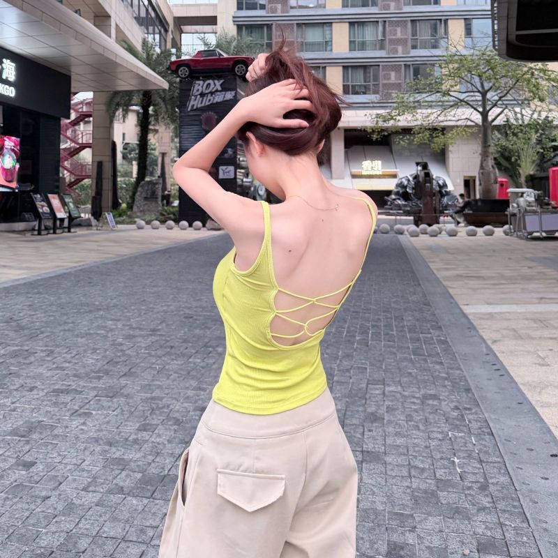 [Hàng mới về] Dopamine Hot Girl Áo yếm chéo gợi cảm Mặc bên trong Mặc bên ngoài Slim-fit với miếng đệm ngực Mặt sau đẹp Dây phía sau đáy Top