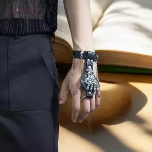AqToCna Steampunk Đầu Lâu Ngón Tay Da PU Vòng Tay Dành Cho Nam Gothic Màu Bạc Liên Kết Dây Chuyền Vòng Tay Lắc Tay Ro Halloween AqToCna