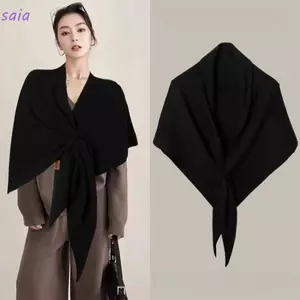 Khăn quàng tam giác SAIA, Khăn choàng dệt kim mềm mại quấn cổ, Khăn choàng len pha trộn dày màu trơn mùa đông ấm áp