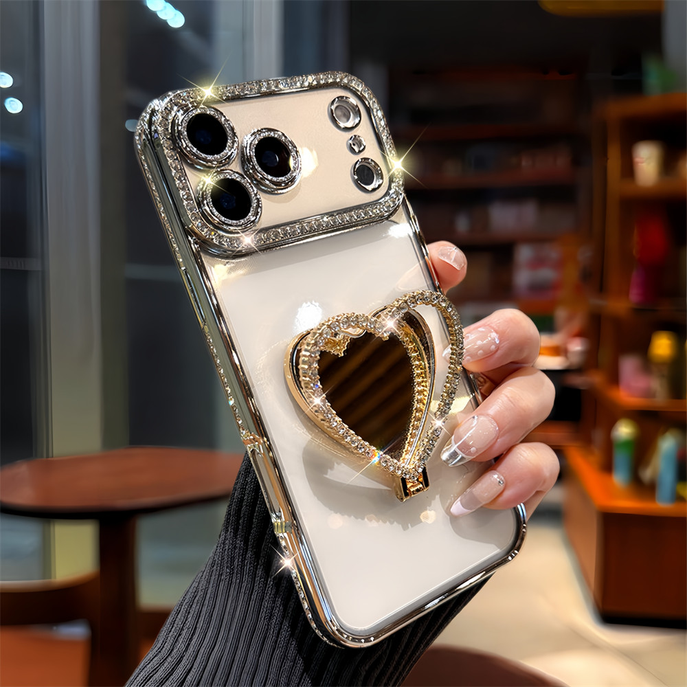 Flash Diamond Love Mirror Stand Ốp Lưng Điện Thoại iPhone 17 Pro Max 16 12 13 14 15 Pro Max Bao Gồm Bảo Vệ Ống Kính Máy Ảnh Vỏ Mềm Vỏ Điện Thoại Vỏ Bảo Vệ