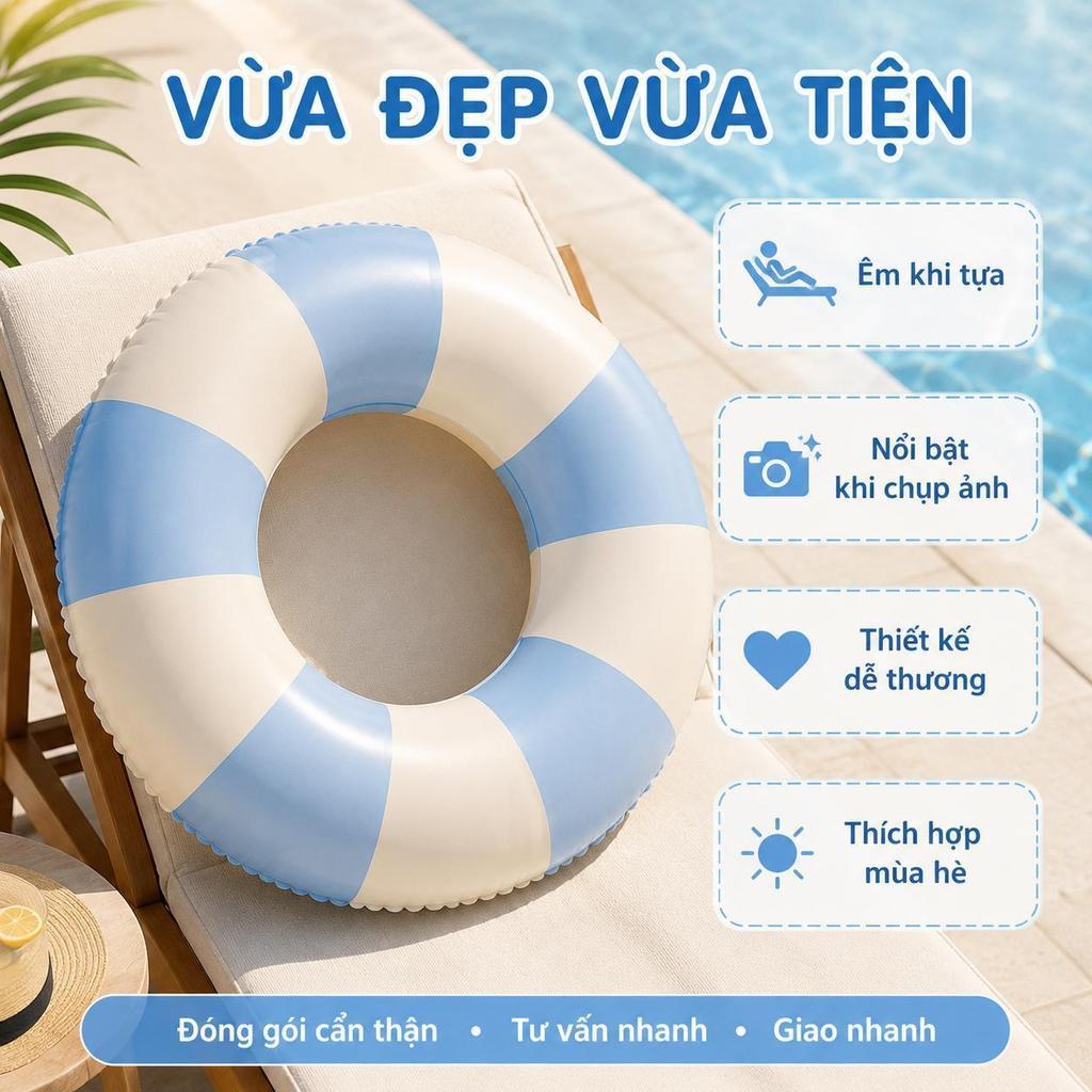 Phao Bơi Tròn PVC An Toàn Cho Mọi Lứa Tuổi, Đa Dạng Kích Thước 60-90cm, Màu Cầu Vồng, Dưa Hấu, Donut Hồng, Sọc Xanh, Sọc