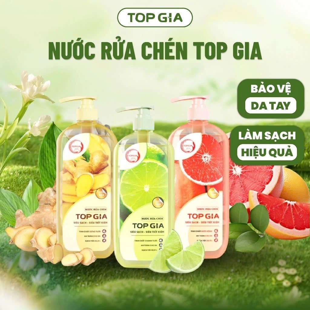 Nước Rửa Chén Bát Top Gia Chai 1Kg Hương Bưởi Hồng, Gừng Tươi, Chanh Tươi Chiết Xuất Tự Nhiên An Toàn Cho Da Tay