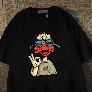 Áo Thun Nam Cotton Tay Lỡ Oversize Style Đường Phố Mỹ In Họa Tiết Vịt Vui Vẻ Kính Mát Hip Hop