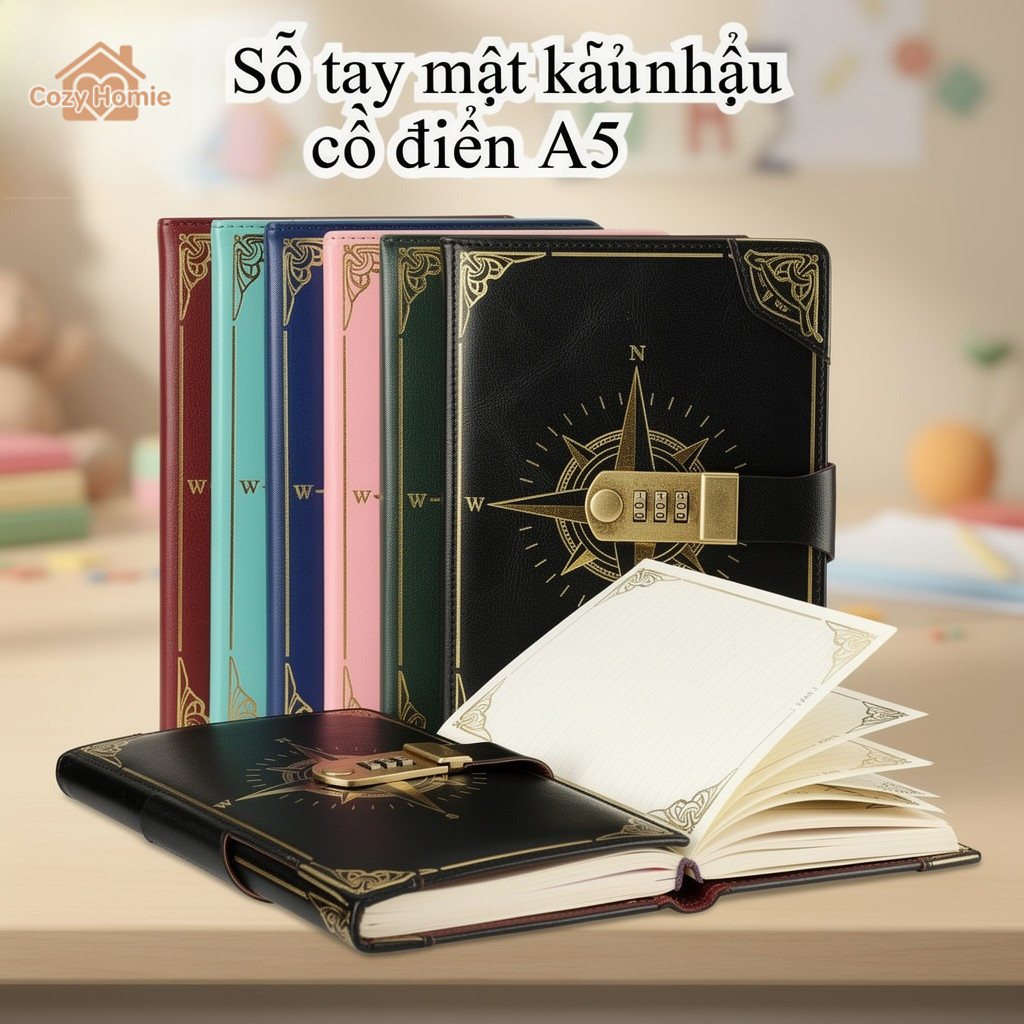 sổ tay mật khẩu a5 khóa số da pu dày 400 trang nhật ký quà sinh nhật học sinh trẻ vintage