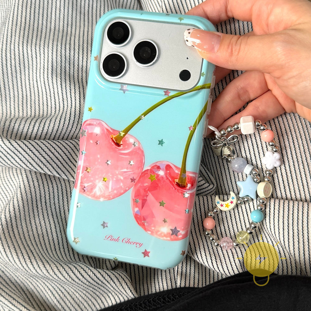 Phone Case For iPhone 17 Pro Max 16 15 14 13 TPU Keychain Chain Colorful Cherry Aesthetic Korean Cute