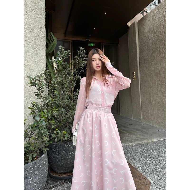 Bộ đồ nữ mới có áo sơ mi Jacquard có ve áo và váy dài