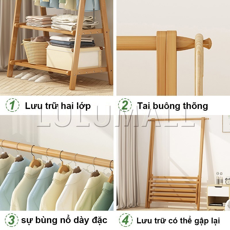 Kệ Treo Quần Áo Đa Năng Có Kệ Để Đồ Tre Gấp Lại Dễ Dàng Kết Hợp Treo Và Cất Quần Áo Giày Dép