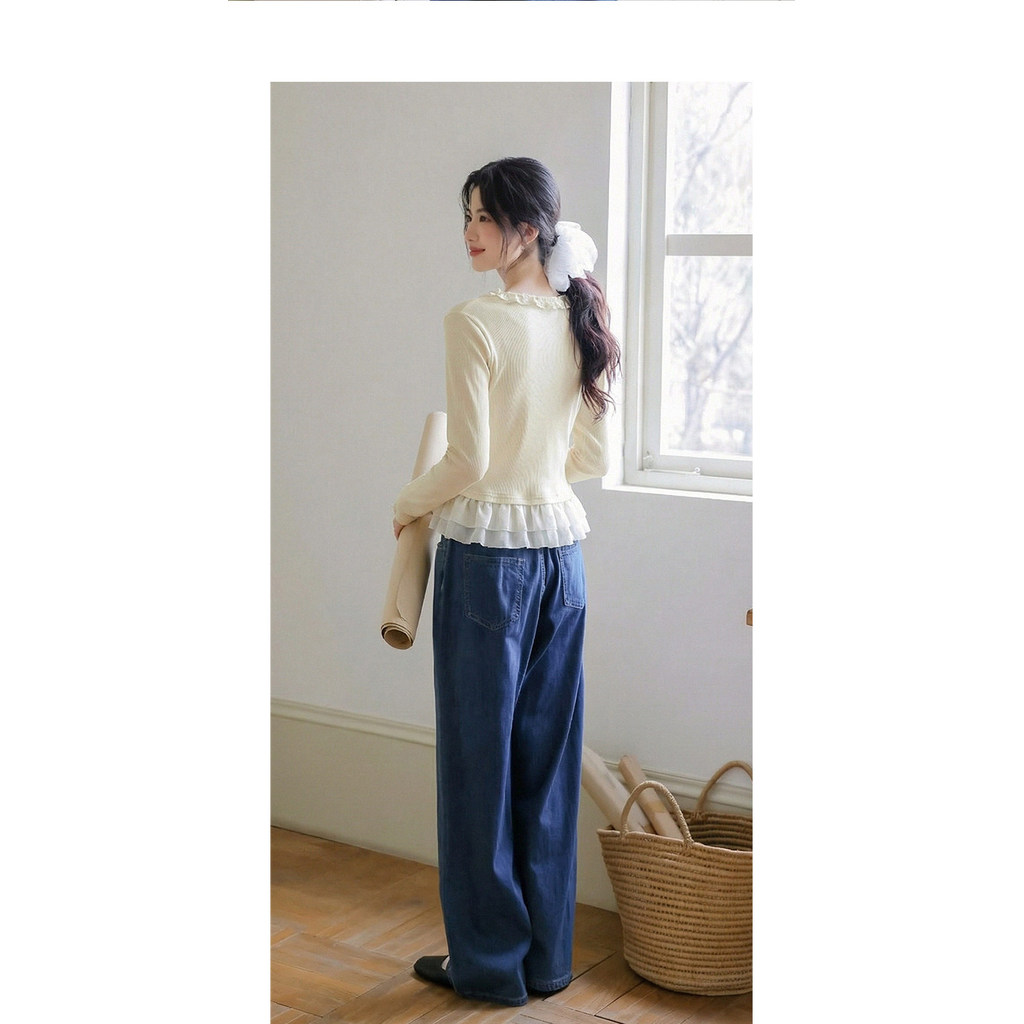 Mutu Phong Cách Nhẹ Nhàng Khâu Giả Hai Mảnh Áo Thun Dài Tay Nữ 2026 Mùa Xuân Phong Cách Mới Thiết Kế Niche Loose Top