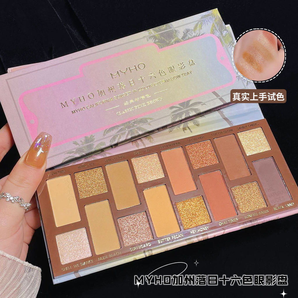 MYHO Palette Mắt 16 Màu Ánh Kim/Matt - Chủ Đề Hoàng Hôn California, Mắt Nâu Đất, Bảng Mắt Hot Trend Ins