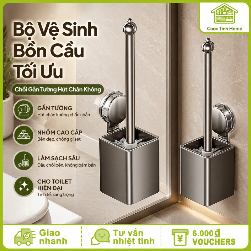 Bộ Vệ Sinh Bồn Cầu Tối Ưu - Chổi Gắn Tường Hút Chân Không, Nhôm Cao Cấp, Làm Sạch Sâu, Cho Toilet Hiện Đại