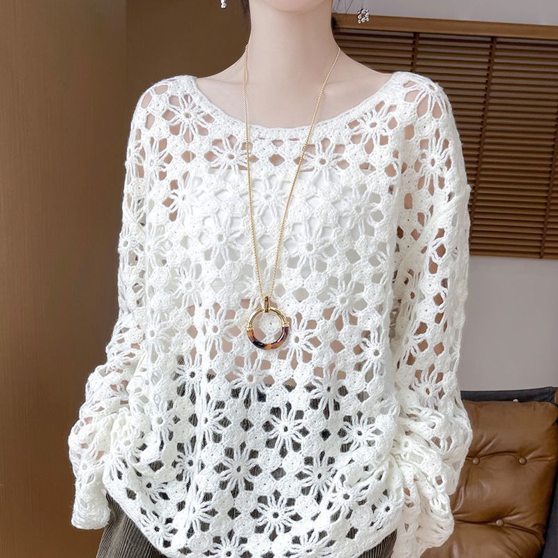 Mới Phong Cách Trung Hoa Móc Cutout Dệt Kim Nữ Phong Cách Lười Đi Làm Áo
