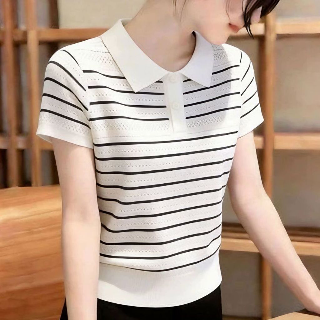 Mùa hè Phong cách mới hơi béo MM Phong cách nhẹ nhàng độc quyền Áo len dệt kim ngắn sọc lụa băng, Áo thun ngắn tay mỏng hơn, thoáng khí mát thoáng khí thoải mái, Thần thời trang