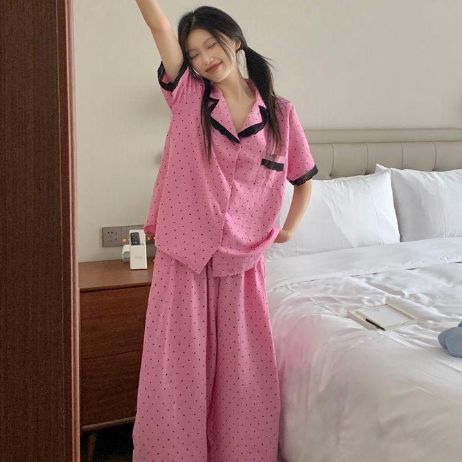 [Hàng mới về] Bộ đồ ngủ cỡ lớn rộng 40-80kg Chấm bi phong cách ren Quần ngắn tay có ve áo Loungewear Suit
