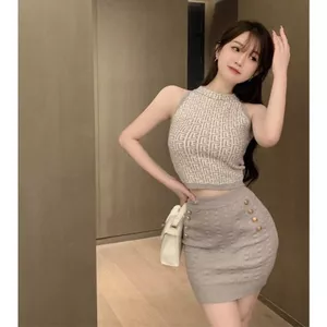 Pure Desire Style Hot Girl Áo Vest dệt kim gợi cảm nửa dài Bộ đồ váy hông nữ mùa hè phong cách ngắn nổi tiếng Cl
