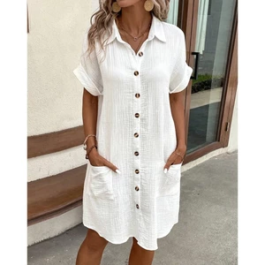 Vintage Nữ Chắc Chắn Mini Đầm Thời Trang Mùa Hè Cổ Chữ V Ba Quater Tay Cotton Vải Lanh Đầm Nữ Ngày Lễ Vestidos