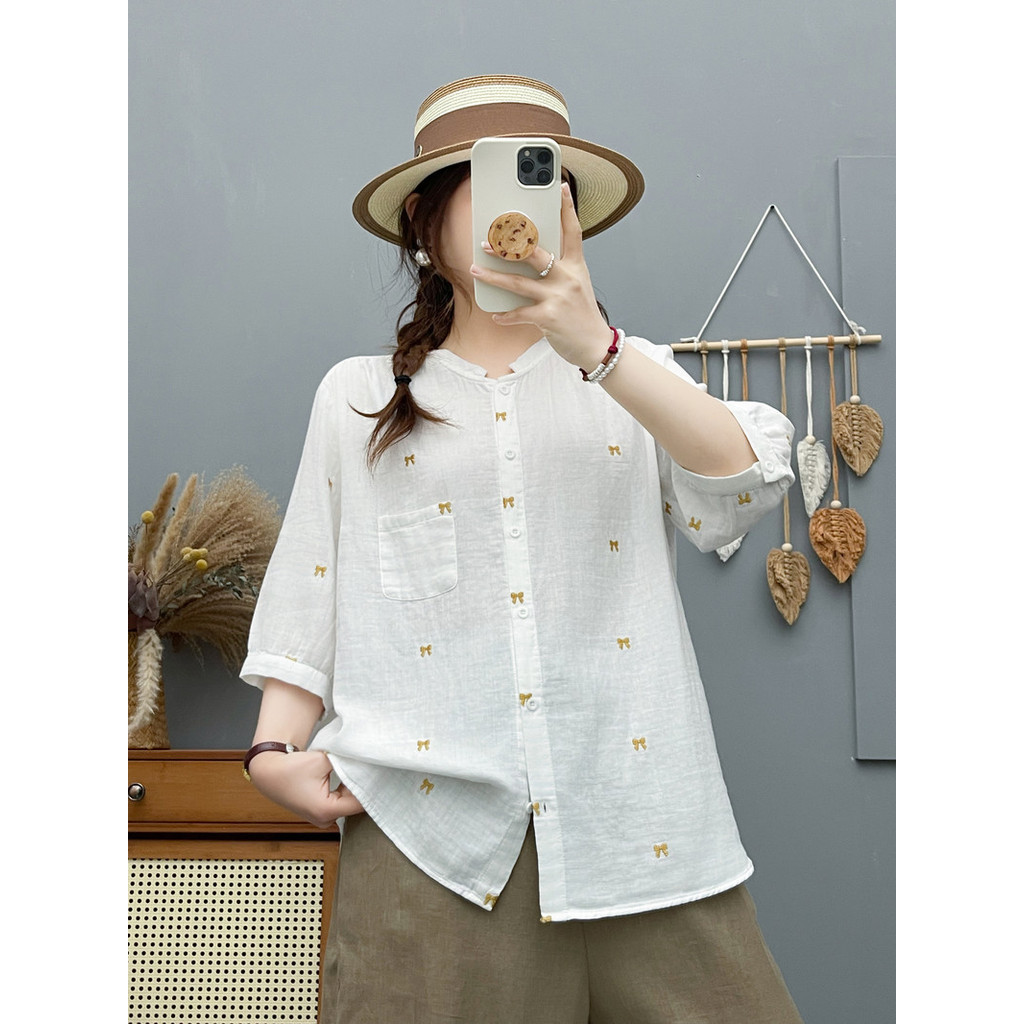 Áo sơ mi nữ cotton cao cấp hoạt hình Hàn Quốc thêu nơ dáng rộng cổ đứng ngắn tay