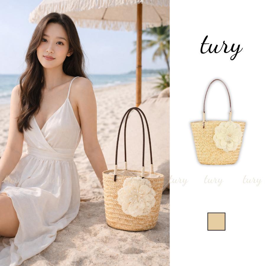 Túi Cói Nữ - Tury - Túi Cói Đi Biển Form Đứng Phối Hoa Nhỏ Xinh - TC002