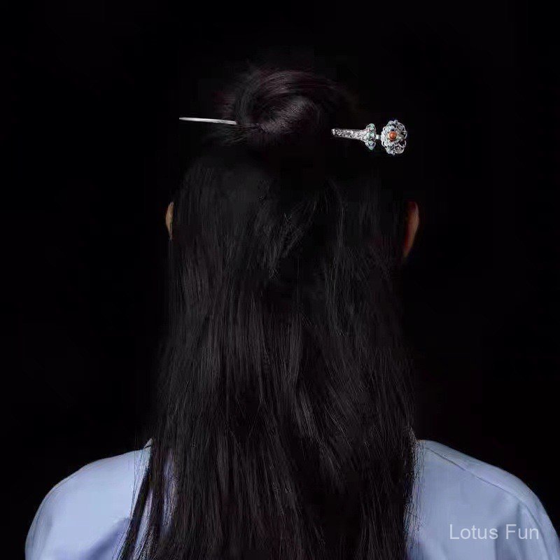 Chính Hãng S925 Bạc Hoa Mẫu Đơn Kẹp Tóc Trung Quốc Retro Trang Phục Cung Điện Hanfu Pan Tóc Bun Mũ Đội Đầu Quà Tặng