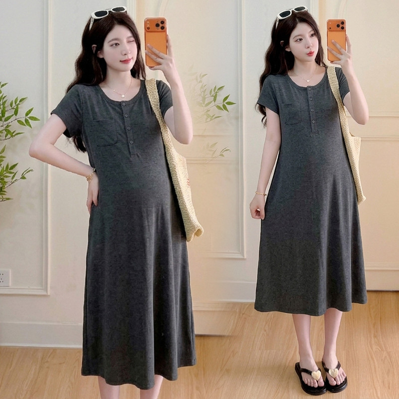 Váy bà bầu mùa hè cổ tròn tay ngắn màu trơn Váy dài dáng rộng