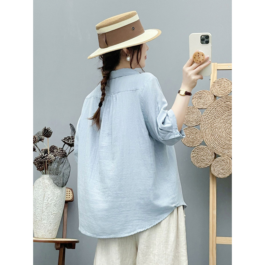 Áo Sơ Mi Nữ Sợi Cotton Cao Cấp Mùa Hè Pháp Văn Học, Ren Placket, Nút Màu, Tay Năm Điểm