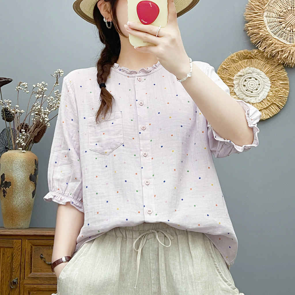 Áo sơ mi nữ cổ chấm bi tay vừa, vải cotton cao cấp, họa tiết chấm bi nhỏ kiểu Pháp