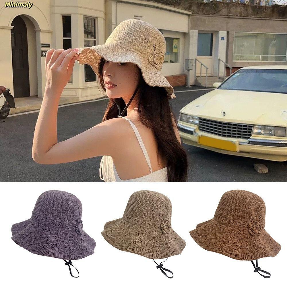 [Vận chuyển nhanh] Mũ đan MINIMALY, Mũ xô thoáng khí có thể gập lại, Vành rộng chống tia cực tím Mũ đi biển nữ