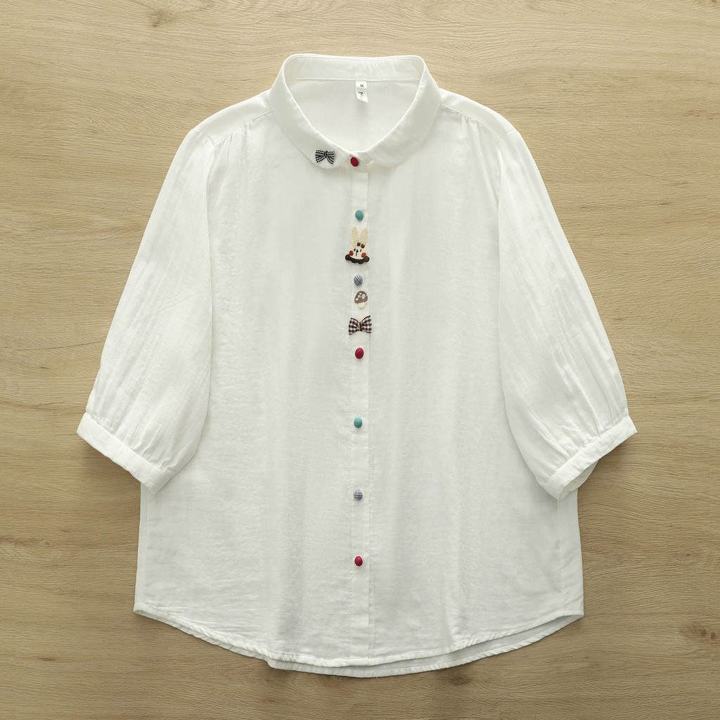 Áo sơ mi nữ cotton mềm tay lỡ, trang trí nổi 3D, phong cách trẻ trung