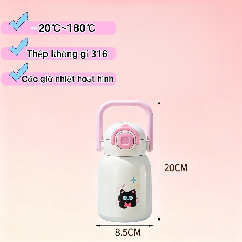 Bình Giữ Nhiệt Inox 316 Dung Tích 480ml - Có Ống Hút, Dây Đeo, Nắp Thú Dễ Thương, Cho Bé & Du Lịch
