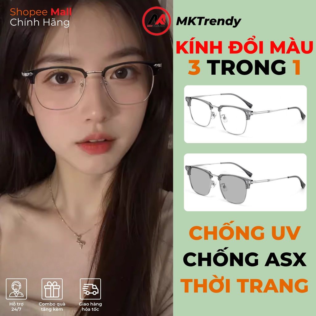 Kính đổi màu gọng kim loại MKTRENDY thời trang nam nữ chống ánh sáng xanh chống tia UV X19