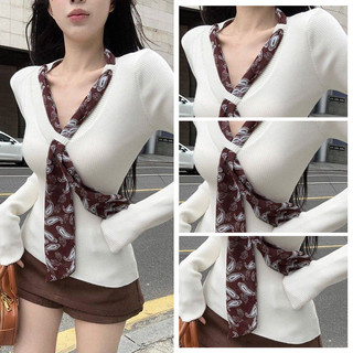 Áo len nữ cổ chữ V thanh lịch, sang trọng với dây buộc dài, kiểu dáng thời trang.